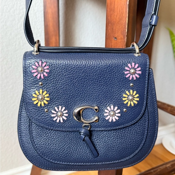 Coach Handbags - Unique and Rare Coach Navy Leather Floral Stitching Saddle Crossbody Bandit Bag